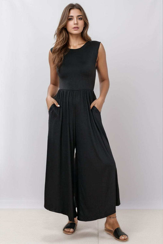 Round Neck Sleeveless Jumpsuit with Pockets - Trendsi - Flyclothing LLC
