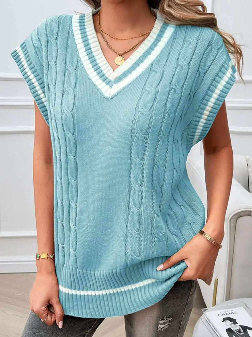 Cable-Knit V-Neck Sweater Vest - Trendsi - Flyclothing LLC