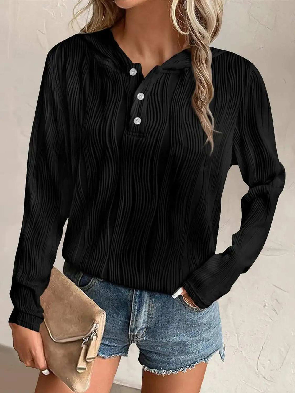 Textured Long Sleeve Hoodie - Trendsi - Flyclothing LLC