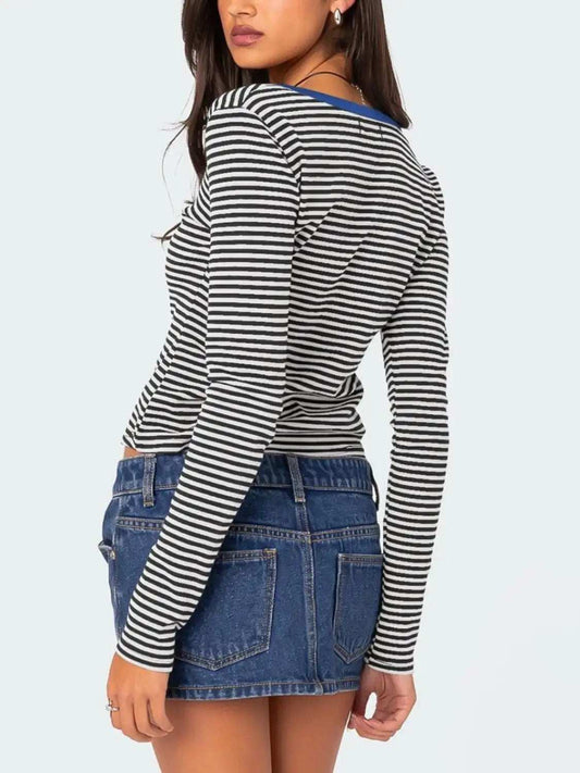 Buttoned Striped Long Sleeve T-Shirt - Trendsi - Flyclothing LLC