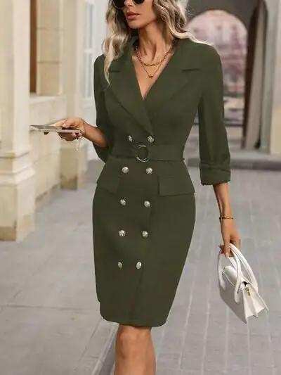 Double-Breasted Lapel Collar Long Sleeve Dress - Trendsi - Flyclothing LLC
