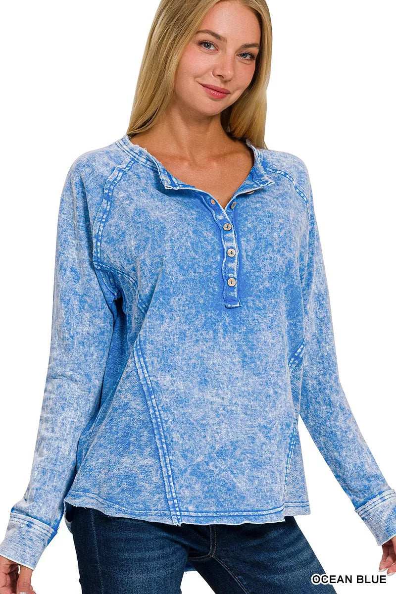 Zenana Washed French Terry Half Button Top - Trendsi - Flyclothing LLC