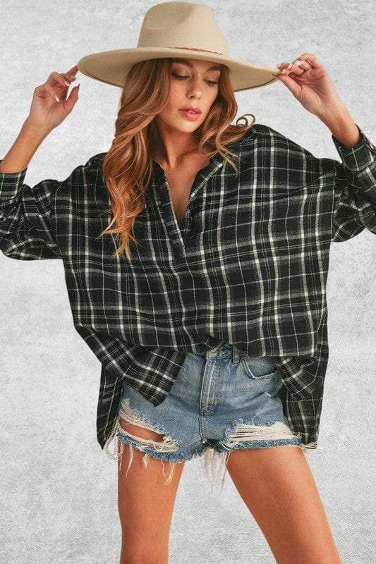 Aemi + Co Side Slit High-Low Plaid Long Sleeve Polo Shirt - Trendsi - Flyclothing LLC