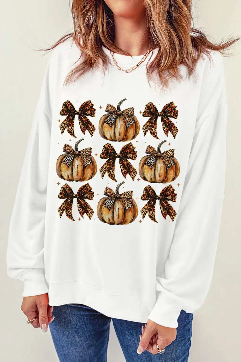 Pumpkin & Bow Graphic Long Sleeve Sweatshirt - Trendsi - Flyclothing LLC
