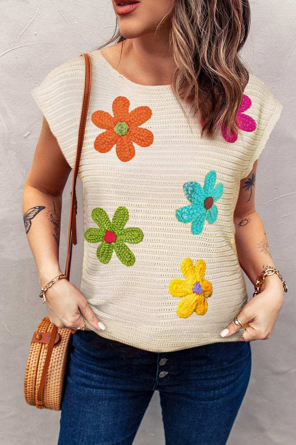 Flower Round Neck Cap Sleeve Knit Top - Trendsi - Flyclothing LLC