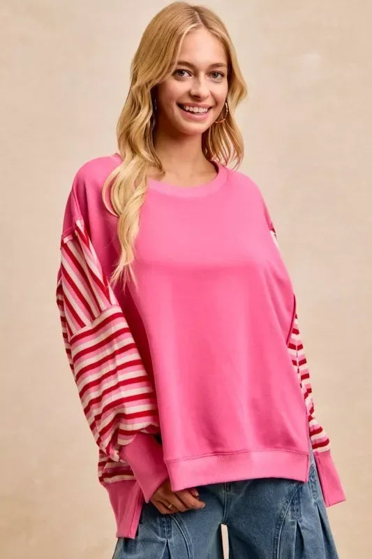 BiBi French Terry Stripe Combo Sweatshirt with Open Seam - Trendsi - Flyclothing LLC