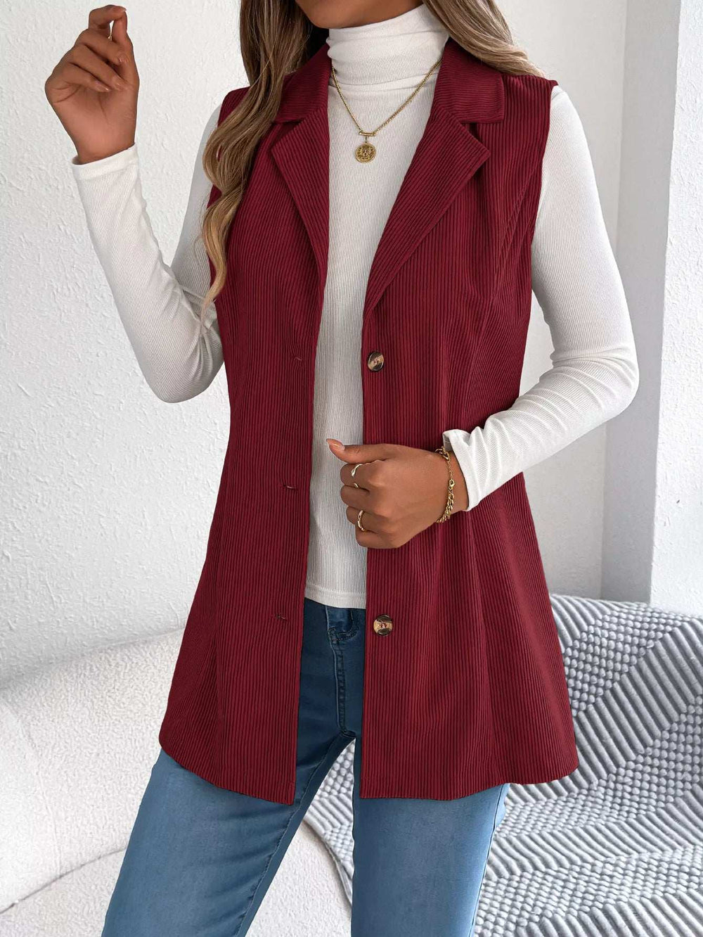 Button-Front Longline Vest Coat - Trendsi - Flyclothing LLC