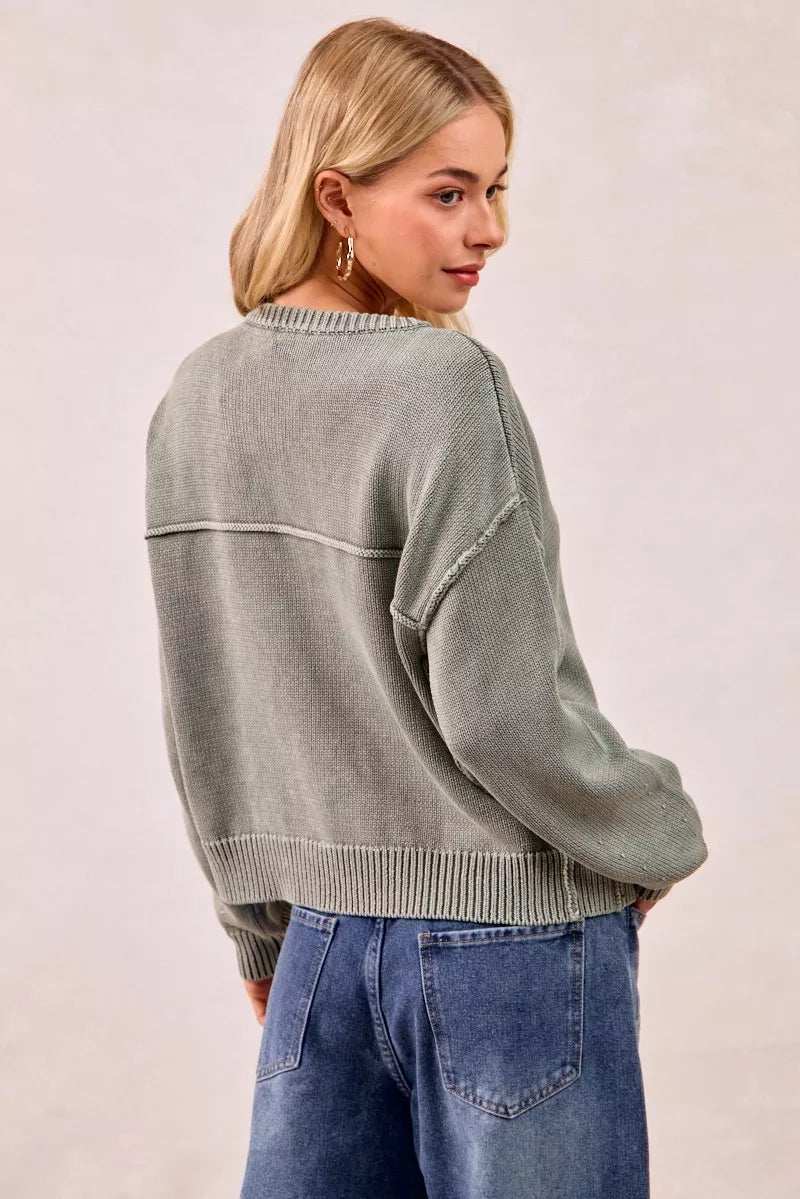 BiBi Washed Sweater V Neck Cardigan - Trendsi - Flyclothing LLC