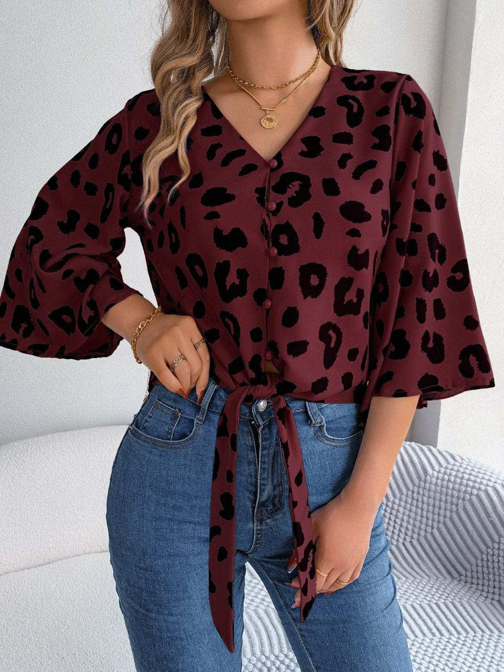 Tied Button Up Leopard V-Neck Blouse - Trendsi - Flyclothing LLC