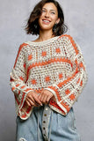 POL Boat Neck Long Sleeve Crochet Top with Granny Square Weaving - Trendsi - Flyclothing LLC