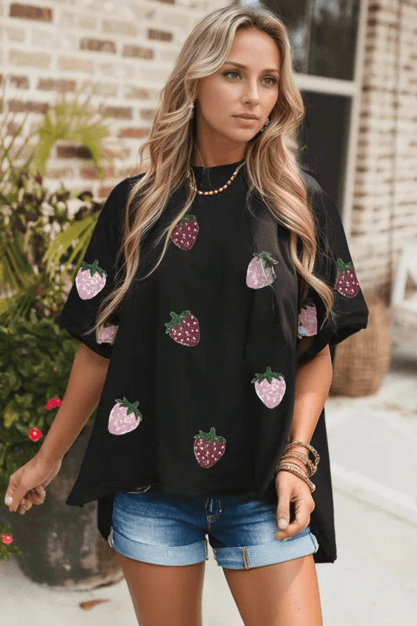 Sequin Strawberry High Low Half Sleeve Relaxed Fit T-Shirt - Trendsi - Flyclothing LLC