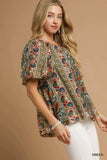 Umgee Boho Floral Stripe Puff Sleeve Blouse - Trendsi - Flyclothing LLC
