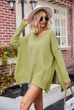 Slit V-Neck Dropped Shoulder Sweater - Trendsi - Flyclothing LLC