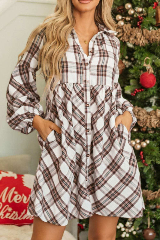 Full Size Plaid Collared Neck Balloon Sleeve Mini Shirt Dress - Trendsi - Flyclothing LLC