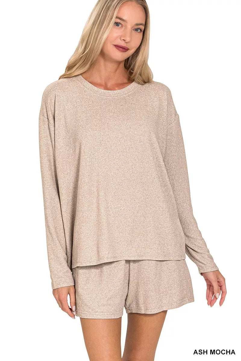 Zenana Soft Melange Long Sleeve Tee and Shorts Set - Trendsi - Flyclothing LLC