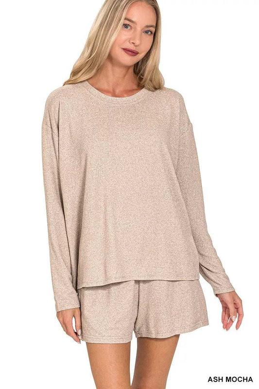 Zenana Soft Melange Long Sleeve Tee and Shorts Set - Trendsi - Flyclothing LLC