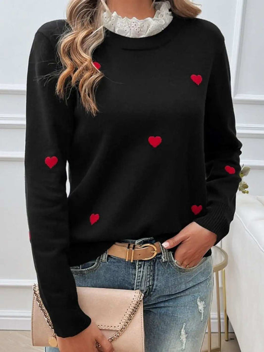 Lace Detail Heart Long Sleeve Sweater - Trendsi - Flyclothing LLC