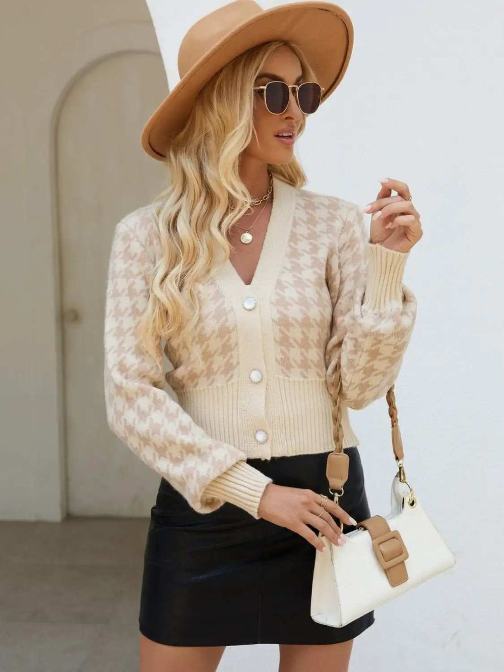 Houndstooth Button Up Long Sleeve Cardigan - Trendsi - Flyclothing LLC