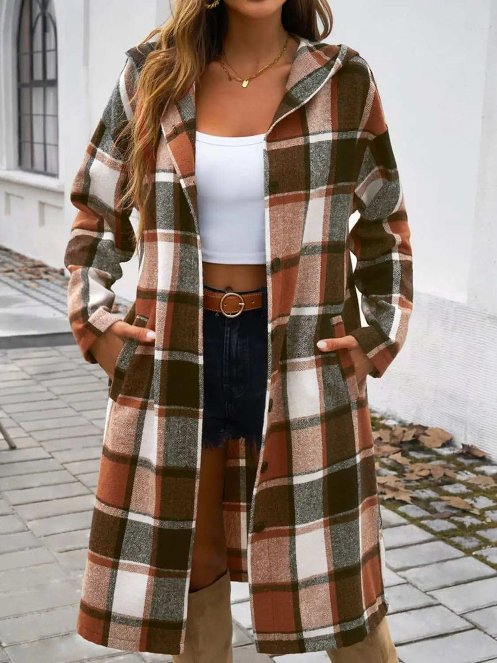 Plaid Long Sleeve Hooded Coat - Trendsi - Flyclothing LLC