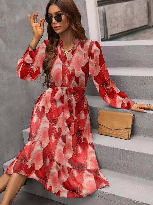 Notched Tie Waist Long Sleeve Dress - Trendsi - Flyclothing LLC