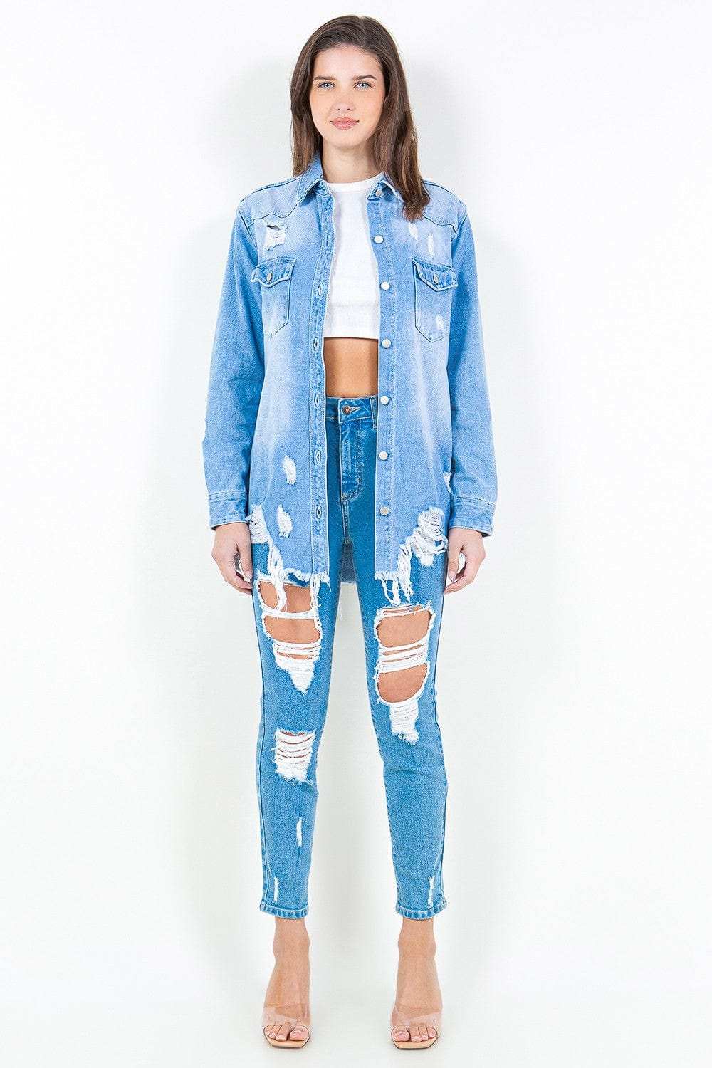 American Bazi Frayed Hem Distressed Denim Shirt Jacket - Trendsi - Flyclothing LLC