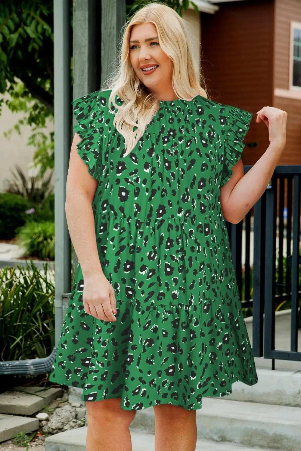 Plus Size Ruffled Leopard Cap Sleeve Mini Dress - Trendsi - Flyclothing LLC