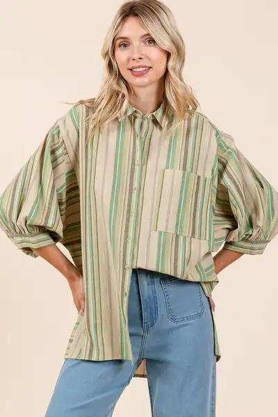 Mittoshop Striped Bubble Sleeve Button Down Shirt - Trendsi - Flyclothing LLC