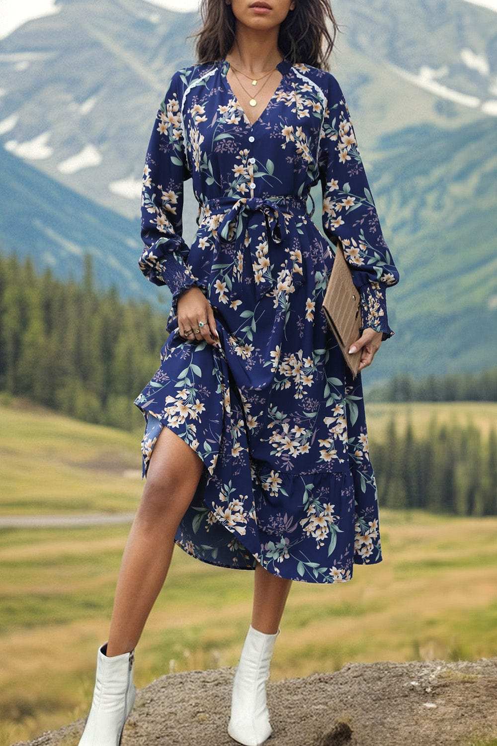 Printed Notched Lantern Sleeve Midi Dress - Trendsi - Flyclothing LLC