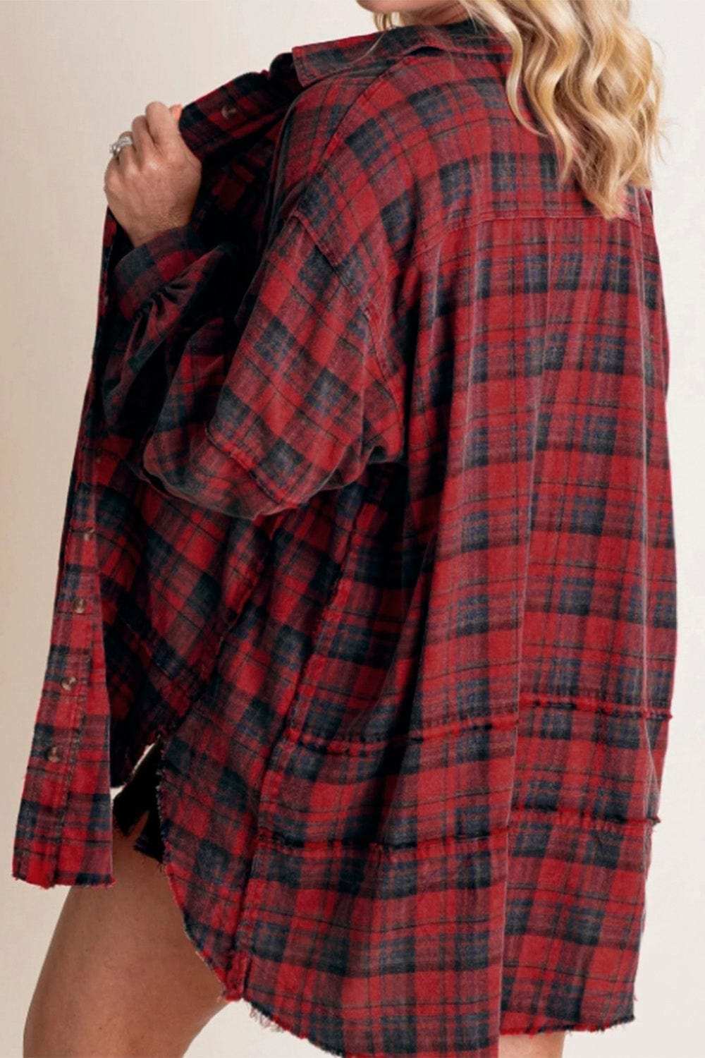 Exposed Seam Plaid Collared Neck Long Sleeve Shirt - Trendsi - Flyclothing LLC