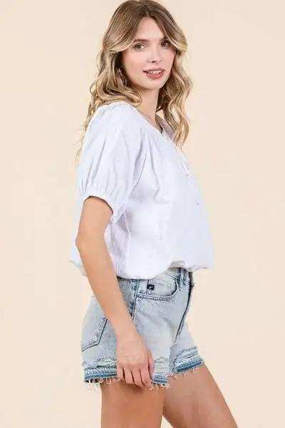 Mittoshop Linen Two-Way Short Sleeve Crop Blouse - Trendsi - Flyclothing LLC