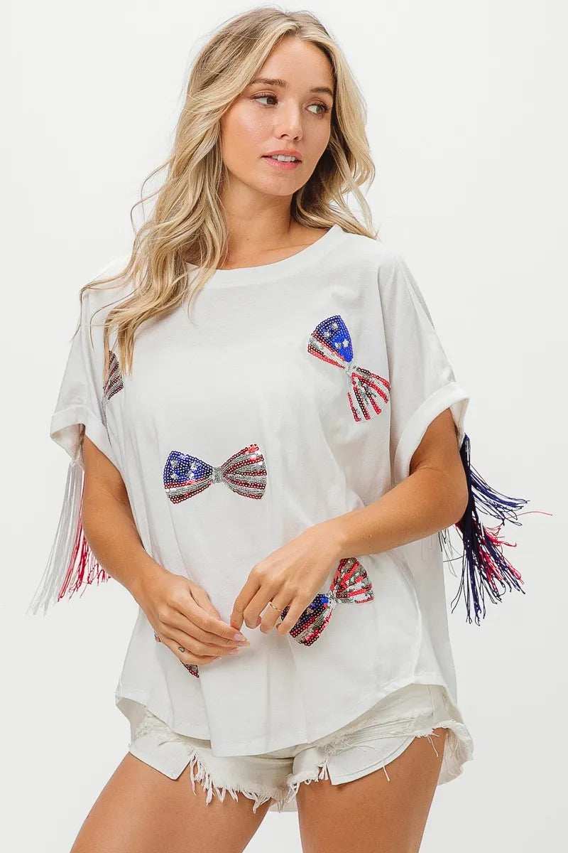 BiBi American Flag Sequin Ribbon T-Shirt - Trendsi - Flyclothing LLC
