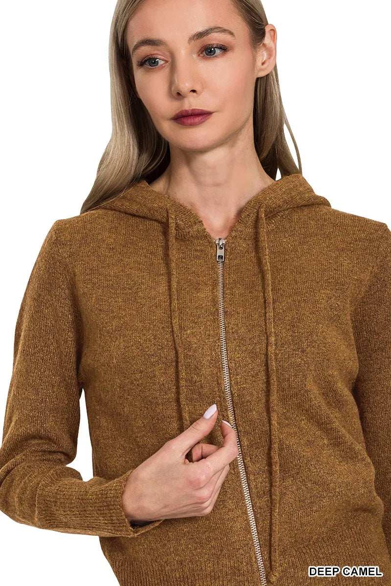 Zenana Drawstring Zip Up Hooded Cardigan - Trendsi - Flyclothing LLC