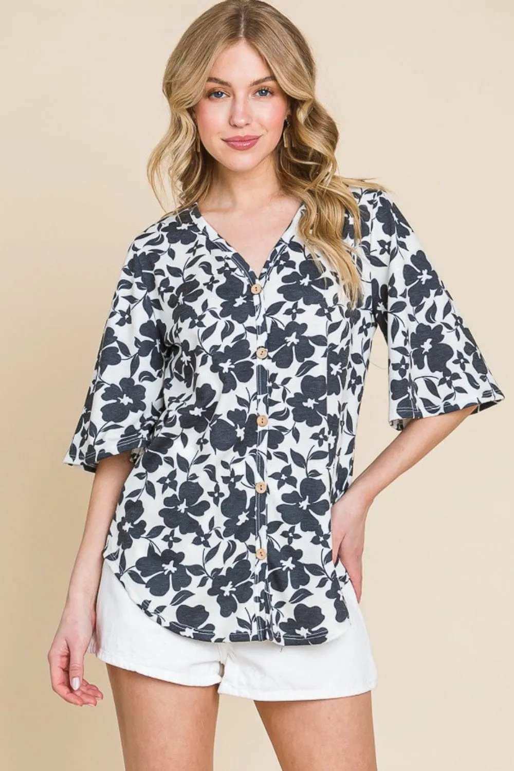 BOMBOM Floral Decorative Button V-Neck Top - Trendsi - Flyclothing LLC
