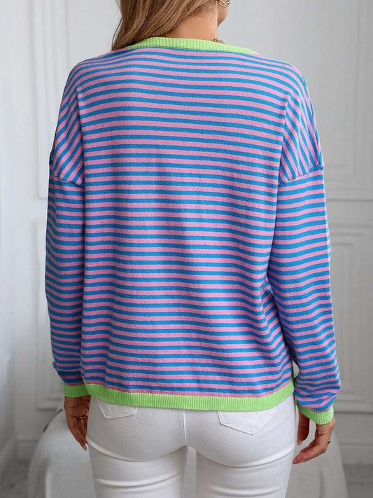 Contrast Trim Striped V-Neck Long Sleeve Knit Top - Trendsi - Flyclothing LLC
