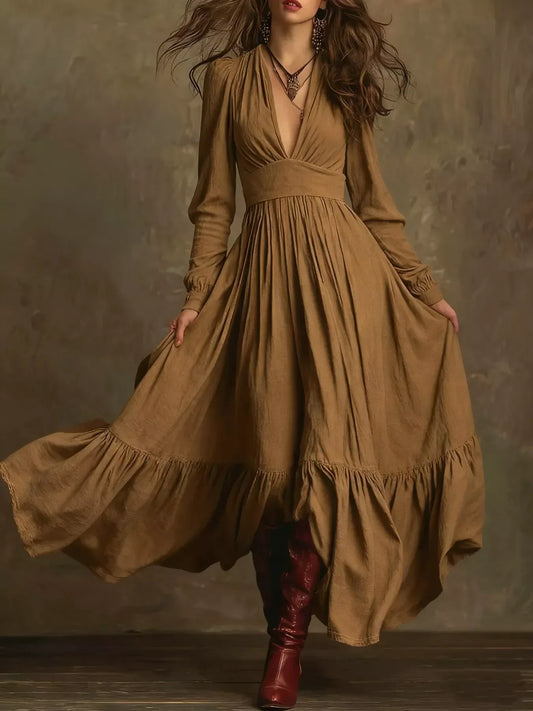 V-Neck Long Sleeve Ruffle Hem Dress - Trendsi - Flyclothing LLC