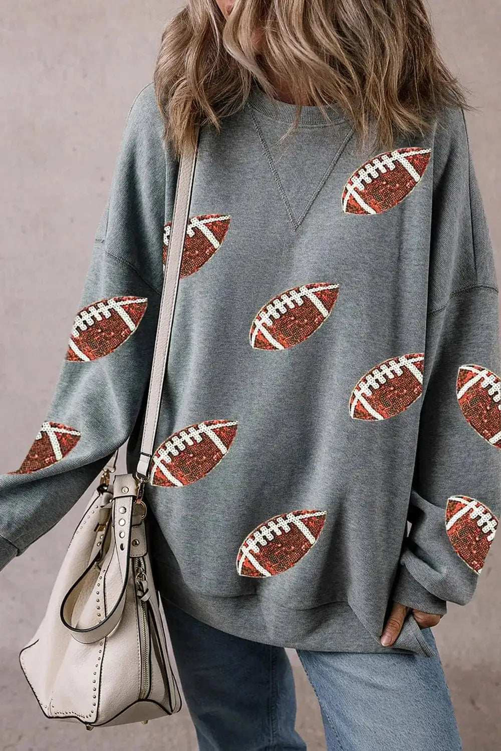 Sequin Football Round Neck Long Sleeve Sweatshirt - Trendsi - Flyclothing LLC