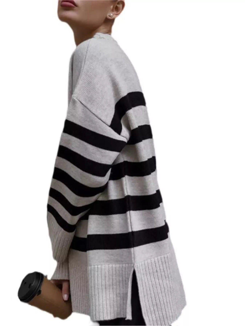 Side Slit Striped Oversized Knit Sweater - Trendsi - Flyclothing LLC
