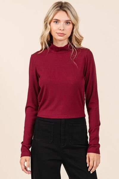 Mittoshop Mock Neck Rib Knit Long Sleeve Crop Top - Trendsi - Flyclothing LLC