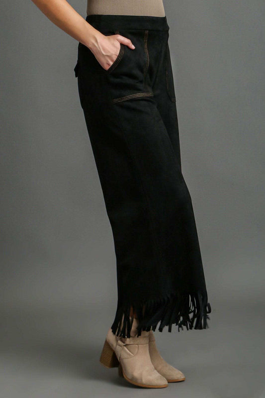 Umgee Full Size Suede Fringe Hem Wide Leg Pants Plus Size - Trendsi - Flyclothing LLC