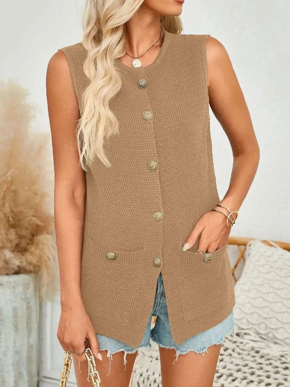 Button Down Round Neck Knit Vest - Trendsi - Flyclothing LLC