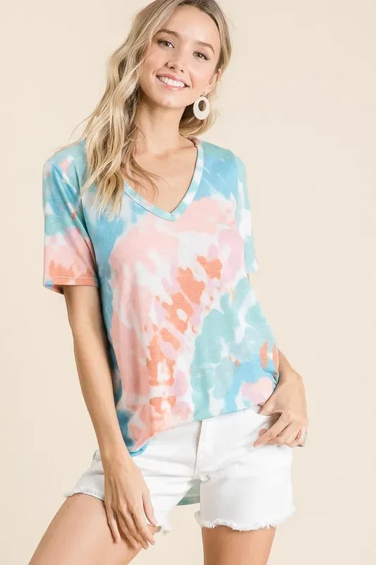 BiBi Circular Tie Dye Print V Neck Top - Trendsi - Flyclothing LLC
