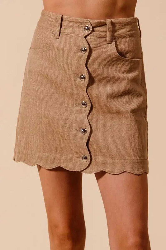 SO ME Scallop Buttoned Front Corduroy Mini Skirt - Trendsi - Flyclothing LLC