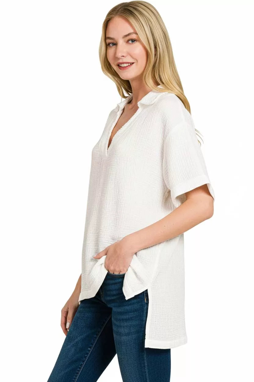 Zenana Double Gauze Short Sleeve High-Low Top - Trendsi - Flyclothing LLC