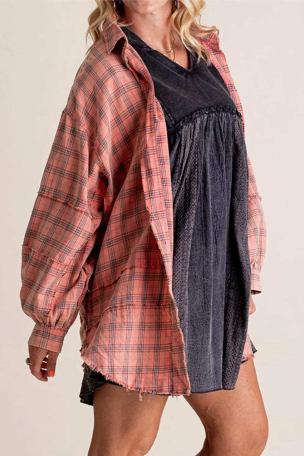 Exposed Seam Plaid Collared Neck Long Sleeve Shirt - Trendsi - Flyclothing LLC