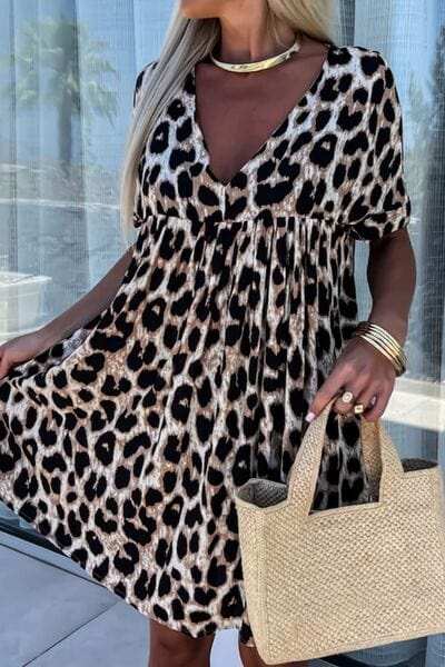 Cutout Back Leopard V-Neck Short Sleeve Mini Dress - Trendsi - Flyclothing LLC