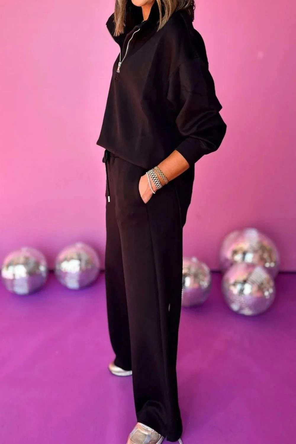 Half Zip Turtleneck Long Sleeve Top and Pants Set - Trendsi - Flyclothing LLC