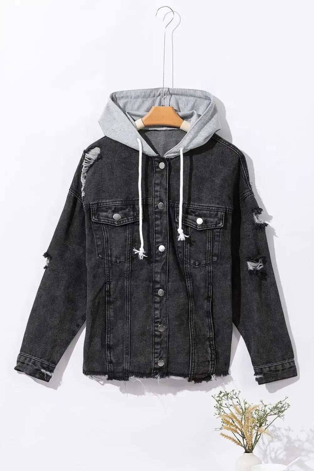 Distressed Drawstring Long Sleeve Hooded Denim Jacket - Trendsi - Flyclothing LLC