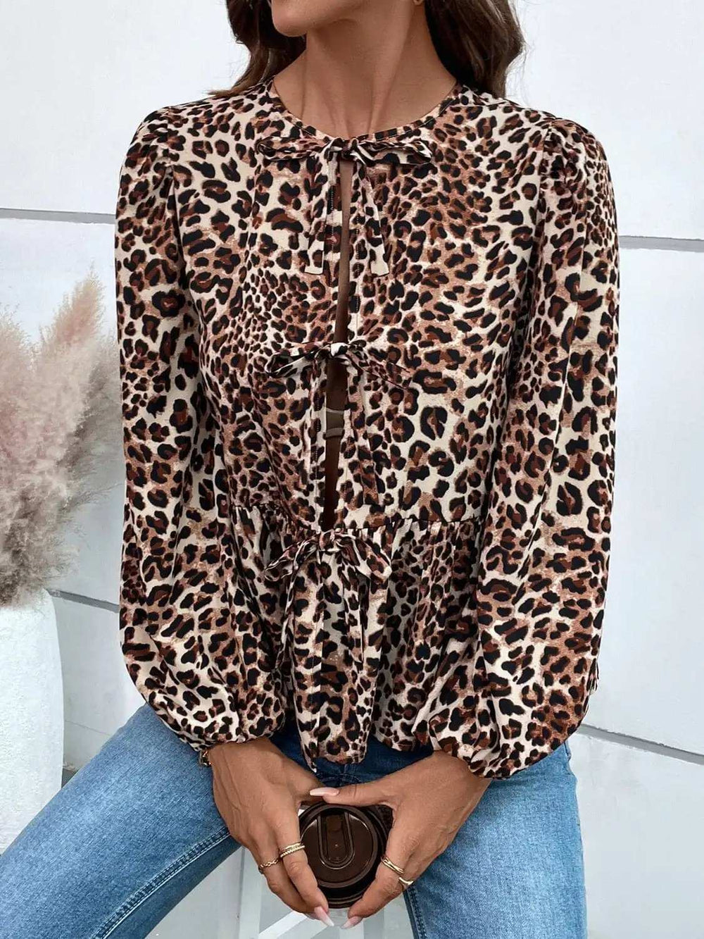 Ivy Lane Peplum Tied Long Sleeve Blouse - Trendsi - Flyclothing LLC