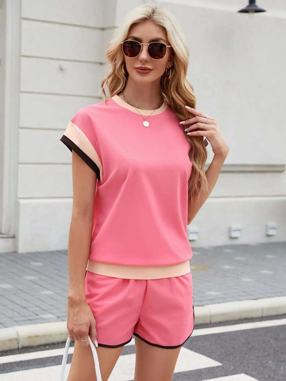 Contrast Round Neck Top and Shorts Set - Trendsi - Flyclothing LLC