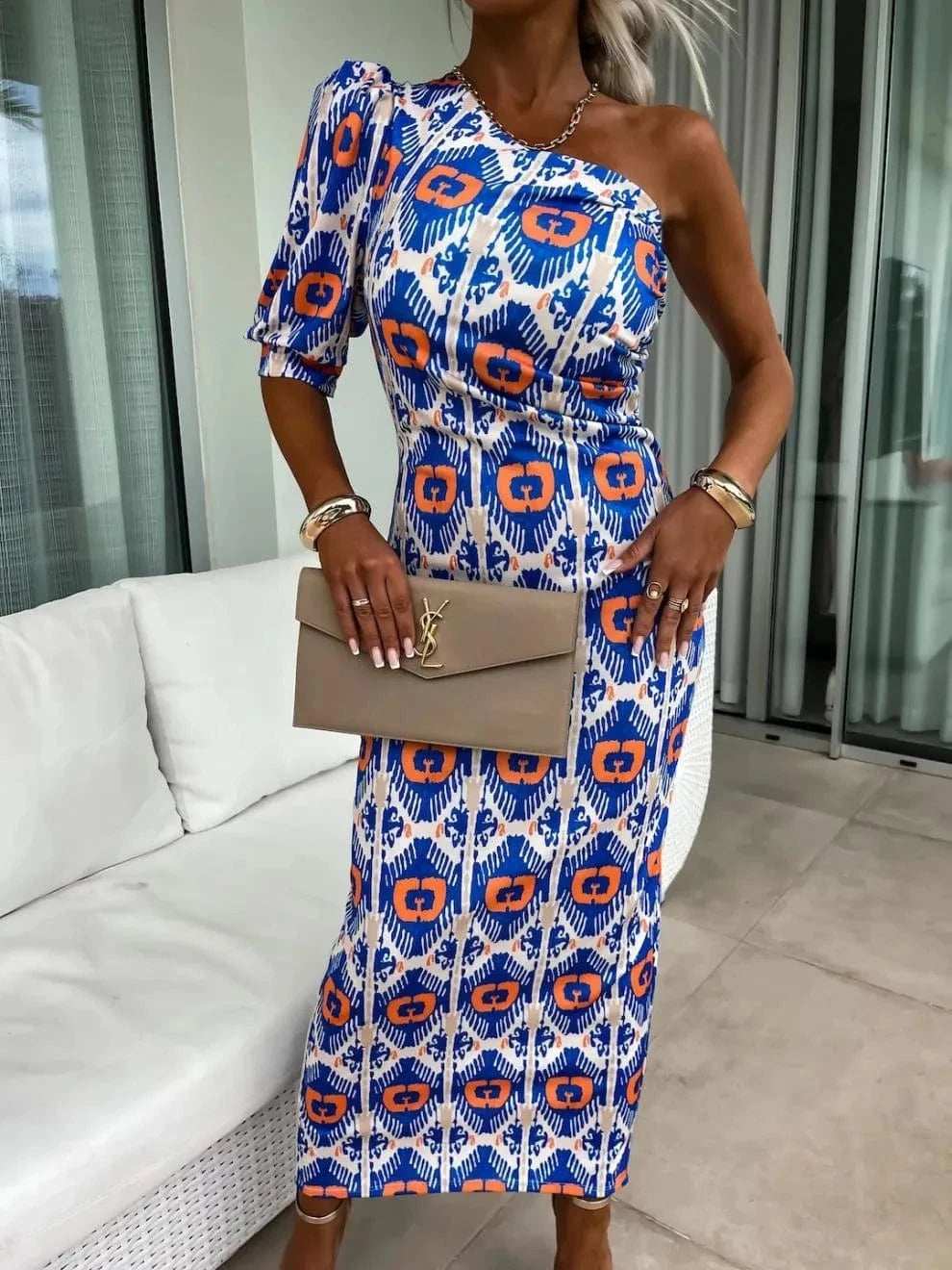 Slit Printed Single Shoulder Midi Dress - Trendsi - Flyclothing LLC